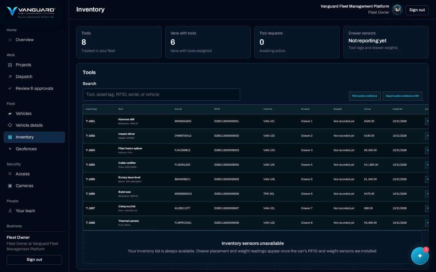 Tool inventory screen in Vanguard